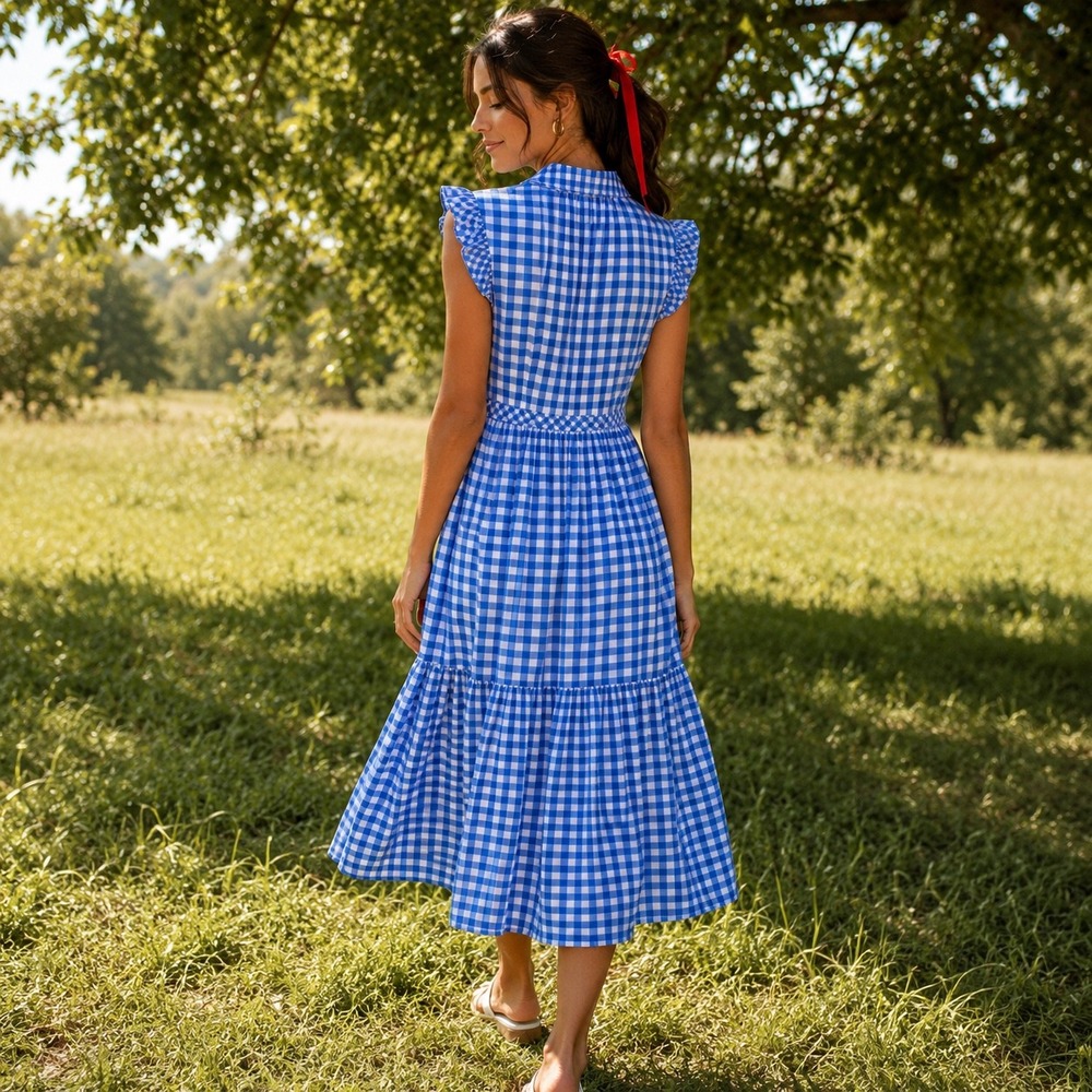 Draper James Patio Shirtdress Blue Gingham Flutter Sleeve Midi Dress 8 Medium - Picture 2 of 8